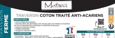 Traversin Coton Anti-acariens - 160cms - TOUTES SAISONS - MORTREUX