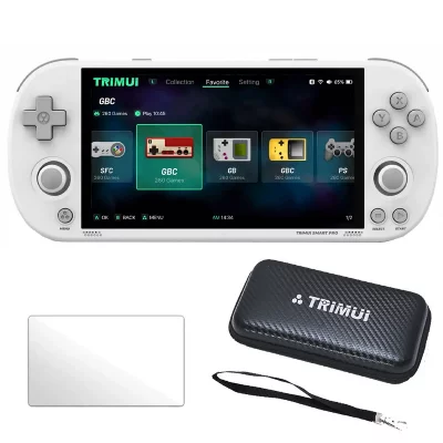 TRIMUI  Smart Pro 4,96"" IPS Linux 64 Go avec &eacute;tui de transport et verre tremp&eacute; - Blanc