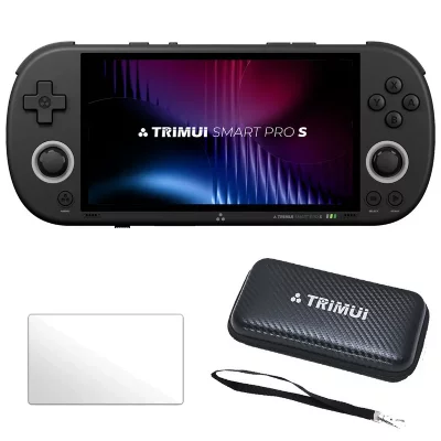 TRIMUI  Smart Pro S 4,96"" IPS Linux 64 Go avec &eacute;tui de transport et verre tremp&eacute; - Noir