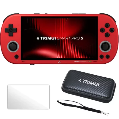 TRIMUI  Smart Pro S 4,96"" IPS Linux 64 Go avec &eacute;tui de transport et verre tremp&eacute; - Rouge