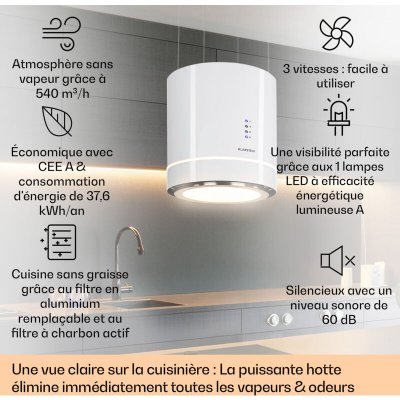 KLARSTEIN Tron Ambience Hotte &icirc;lot aspirante &oslash; 38 cm 540 m&sup3;/h classe a - blanche - Blanc