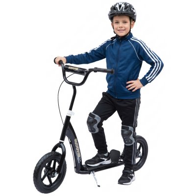 HOMCOM Trottinette patinette pneus 30 cm hauteur guidon r&eacute;glable poign&eacute;e frein et b&eacute;quille acier noir