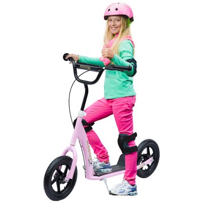 HOMCOM Trottinette patinette pneus 30 cm hauteur guidon r&eacute;glable poign&eacute;e frein et b&eacute;quille acier rose