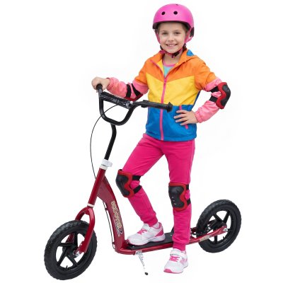 HOMCOM Trottinette patinette pneus 30 cm hauteur guidon r&eacute;glable poign&eacute;e frein et b&eacute;quille acier rouge 
