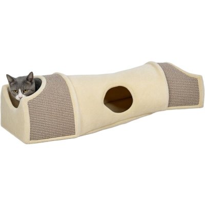 PAWHUT Tunnel pour chat modulable - 3 portes, 2 griffoirs - sisal peluche beige 