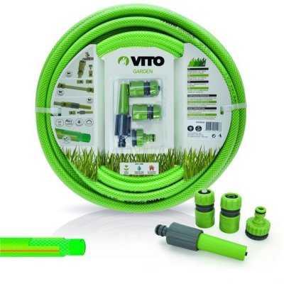 VITO Tuyau arrosage jardin 20 m&egrave;tres 15mm  PVC renforc&eacute; lance multi jet +2 raccords + nez de robinet