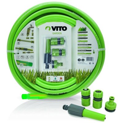 VITO GARDEN Tuyau d'arrosage 19mm 25m KIT PVC lance multi jet+ 2 raccords + nez de robinet VITO 