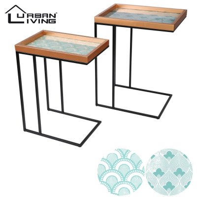 Urban Living - 2 Bouts de canap&eacute; design Art D&eacute;co - Bleu et blanc - Art D&eacute;co