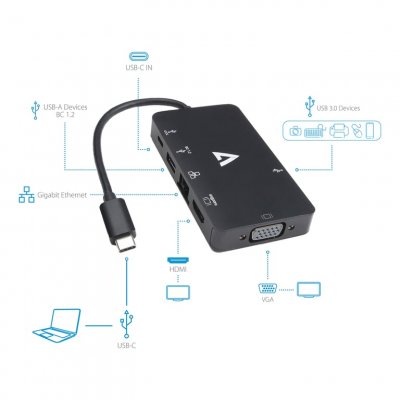 V7 UC-U3CRJ45HDVG-BLK - Station d'accueil - USB-C - VGA, HDMI - GigE