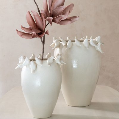 PARIS PRIX Vase aux oiseaux Budgie c&eacute;ramique blanc 40x33x33cm