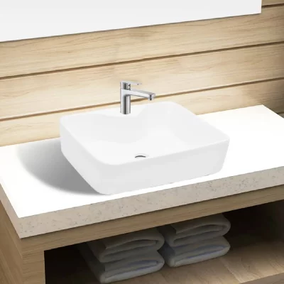 Vasque carr&eacute; &agrave; trou pour robinet c&eacute;ramique blanc pour salle de bain