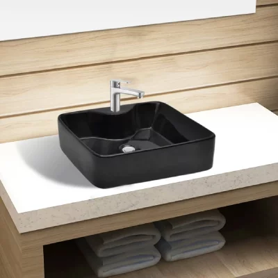 Vasque carr&eacute;e &agrave; trou pour robinet c&eacute;ramique Noir pour salle de bain