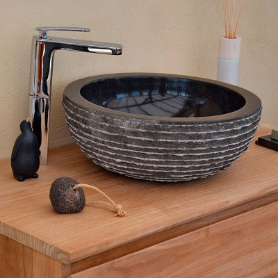Vasque ronde &agrave; poser en marbre noir 40 &times; 40
