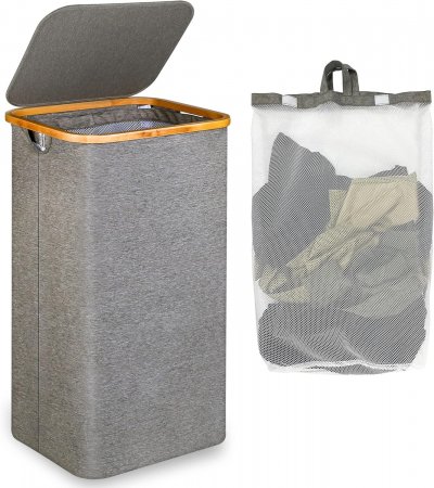 VENDOS85  Panier &agrave; linge pliable avec couvercle - Gris