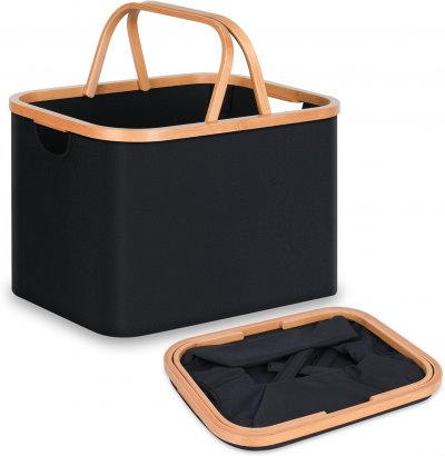VENDOS85  Panier &agrave; linge pliable en bambou - Noir