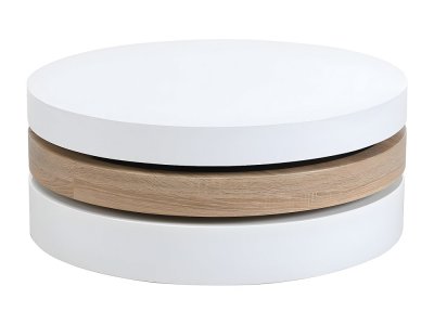 Vente-unique Table basse pivotante ronde JANITA - MDF - Blanc et ch&ecirc;ne