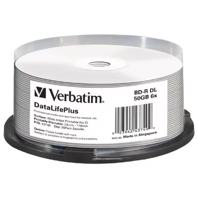 VERBATIM  Data Life Plus Bd-r Blu-ray 50gb Printable 6x Speed 25 Units Blanc