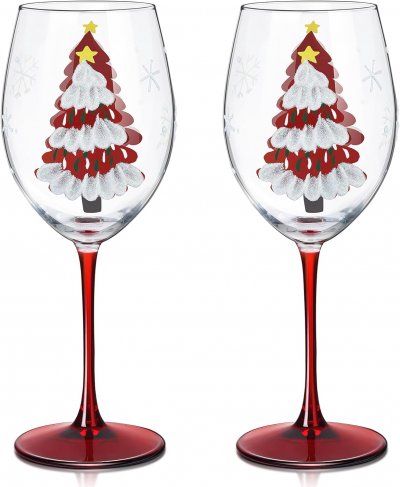 VENDOS85 Verres &agrave; Vin Peints &agrave; la Main 560 ml - Motif Festif
