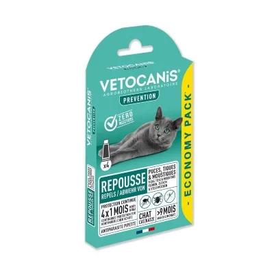 VETOCANIS 4 Pipettes Anti-puces et anti-tiques - Pour Chat - 4x 1 mois de protection