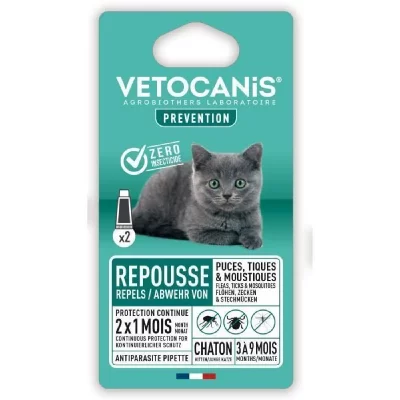 VETOCANIS  Pipettes Anti Puces, Tiques, Moustiques, pour Chat - 2 pipettes