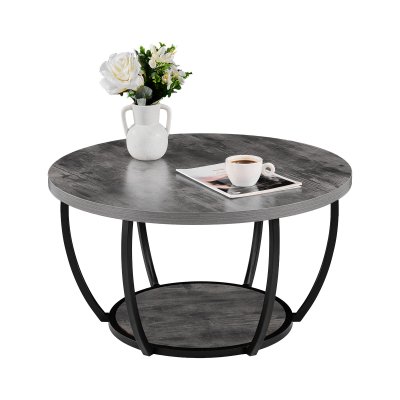 Vevor Table Basse Ronde En Bois Avec Structure En M&eacute;tal Gris Pour Salon Bureau