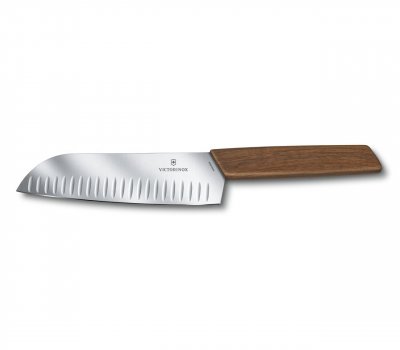 VICTORINOX  Swiss Modern Couteau Santoku dans un Coffret Cadeau, Lame de 17cm, Bois de Noyer