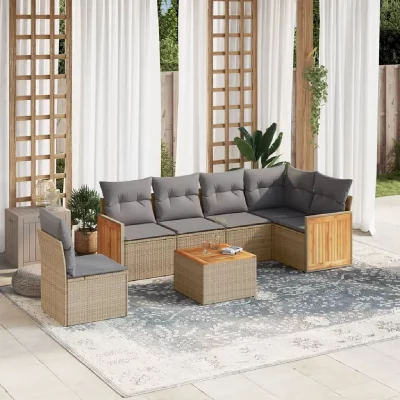 VIDAXL  7-delige Loungeset met kussens poly rattan beige3227704 