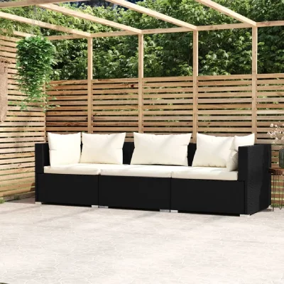 VIDAXL  Canap&eacute; 3 places avec coussins Noir R&eacute;sine tress&eacute;e 317489