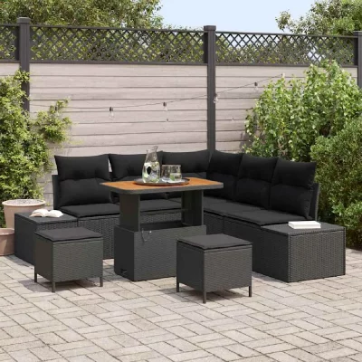 VIDAXL  Ensemble De Canap&eacute; De Jardin Avec Coussin 8 Pcs Noir Poly Rotin