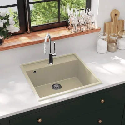VIDAXL  &eacute;vier de cuisine avec trou de trop-plein beige granit 147063