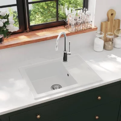 VIDAXL  &eacute;vier de cuisine avec trou de trop-plein ovale blanc granit 147104