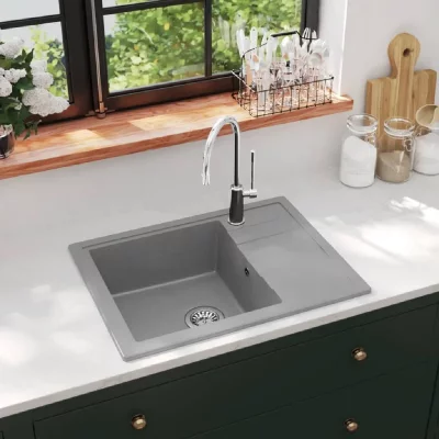 VIDAXL  &eacute;vier de cuisine avec trou de trop-plein ovale gris granit 147102