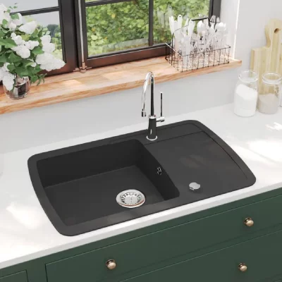 VIDAXL  &eacute;vier de cuisine en granit bac unique noir 142944
