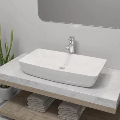 Vidaxl lavabo et mitigeur c&eacute;ramique rectangulaire blanc 275493