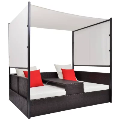 VIDAXL  Lit De Jardin Avec Auvent Marron 190x130 Cm R&eacute;sine Tress&eacute;e