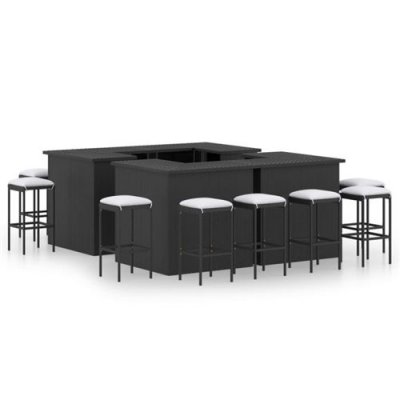 Vidaxl meuble de bar de jardin 16 pcs et coussins r&eacute;sine tress&eacute;e noir