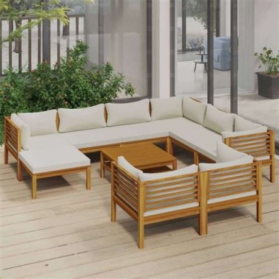 Vidaxl salon de jardin 10 pcs avec coussin cr&egrave;me bois d'acacia solide