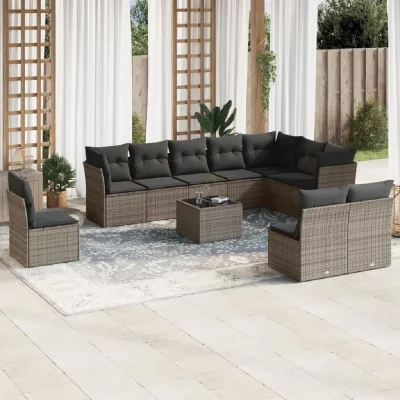 VIDAXL  Salon de jardin 11 pcs avec coussins gris r&eacute;sine tress&eacute;e 3217810