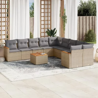 VIDAXL  Salon de Jardin 11 Pcs avec Coussins - M&eacute;lange Beige - R&eacute;sine Tress&eacute;e