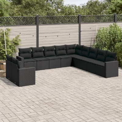 VIDAXL  salon de jardin 11 pcs avec coussins noir r&eacute;sine tress&eacute;e
