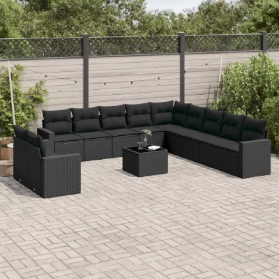 VIDAXL  salon de jardin 12 pcs avec coussins noir r&eacute;sine tress&eacute;e