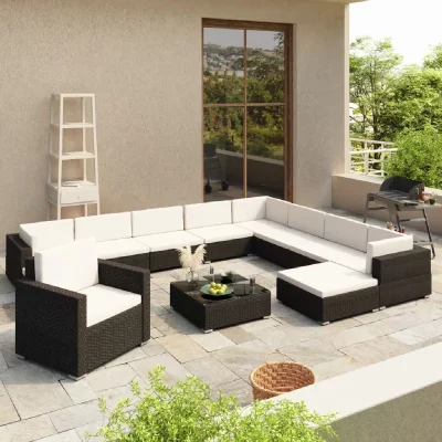 VIDAXL  salon de jardin 12 pcs avec coussins r&eacute;sine tress&eacute;e noir 41263