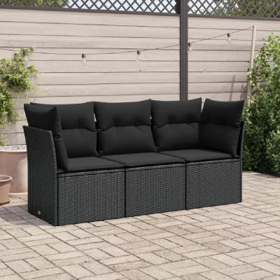 VIDAXL  salon de jardin 3 pcs avec coussins noir r&eacute;sine tress&eacute;e