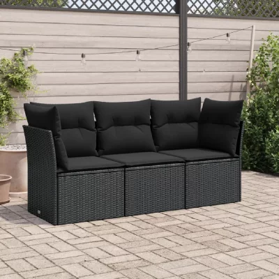 VIDAXL  Salon de jardin 3 pcs avec coussins noir r&eacute;sine tress&eacute;e 3249044