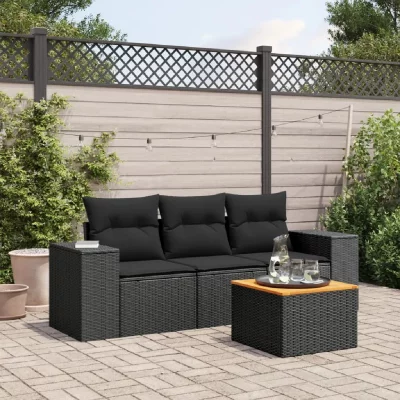 VIDAXL  Salon de jardin 4 pcs avec coussins noir r&eacute;sine tress&eacute;e 3257644