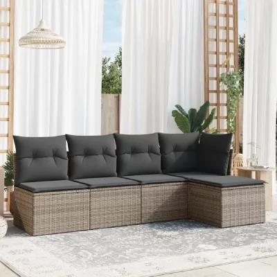 VIDAXL  Salon de jardin 5 pcs avec coussins gris r&eacute;sine tress&eacute;e 3217520