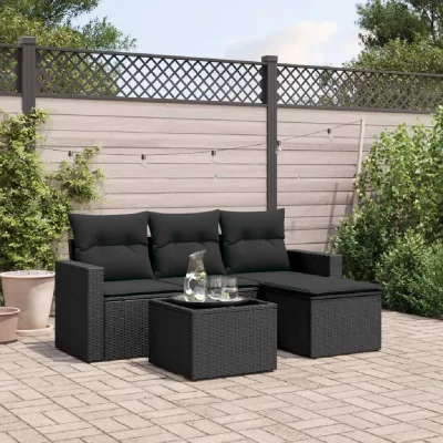 VIDAXL  salon de jardin 5 pcs avec coussins noir r&eacute;sine tress&eacute;e