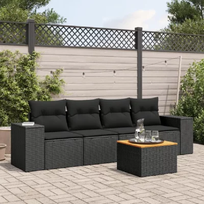 VIDAXL  Salon de jardin 5 pcs avec coussins noir r&eacute;sine tress&eacute;e 3225320 