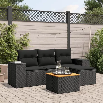 VIDAXL  Salon de jardin 5 pcs avec coussins noir r&eacute;sine tress&eacute;e 3257742