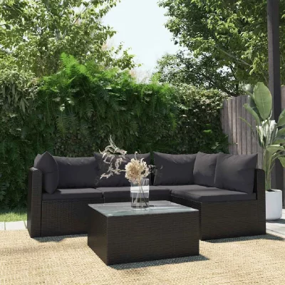 VIDAXL  salon de jardin 5 pcs avec coussins r&eacute;sine tress&eacute;e noir 46554